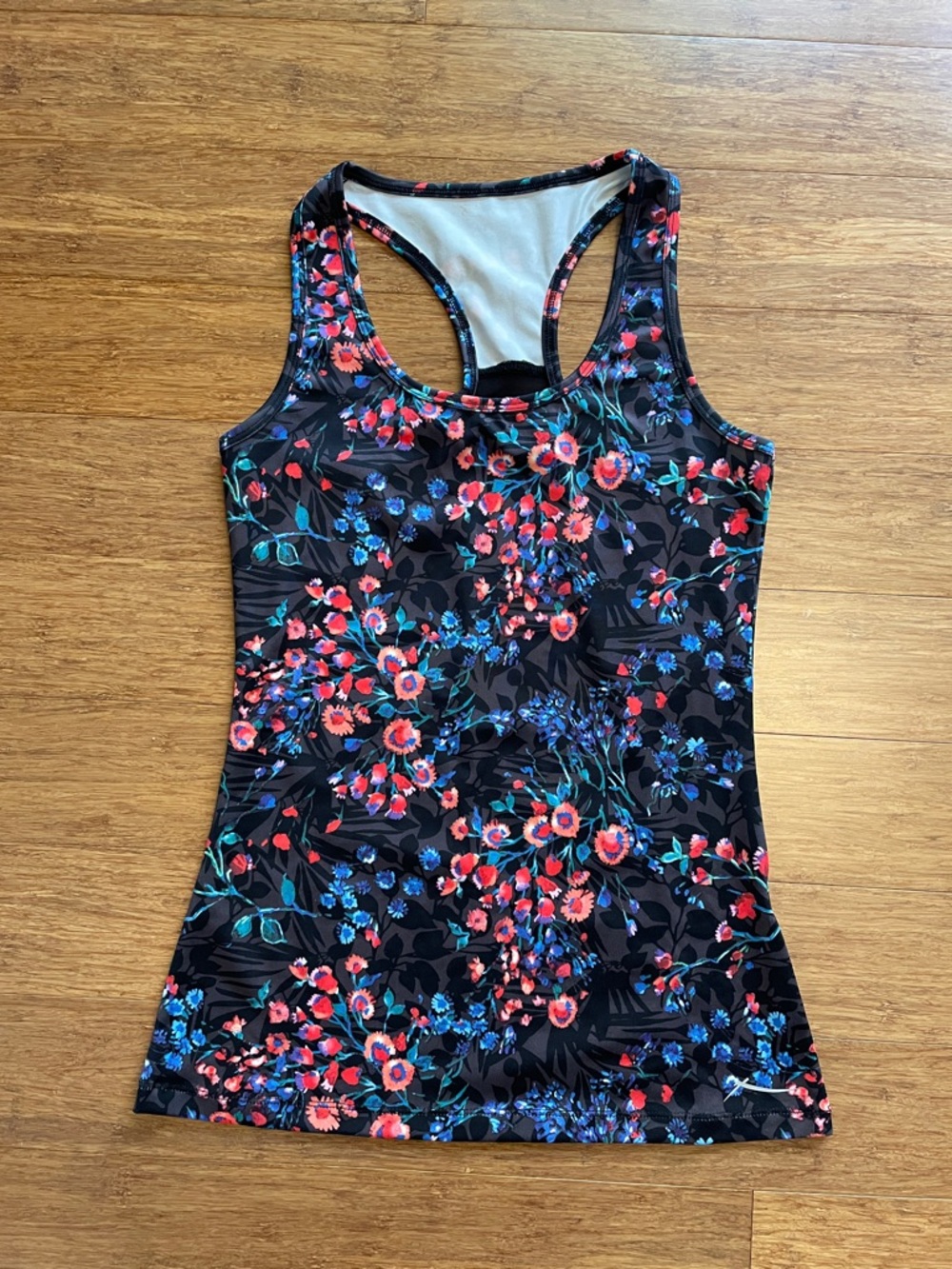 Floral Racerback Tank Top - Black with Red & Blue Blooms